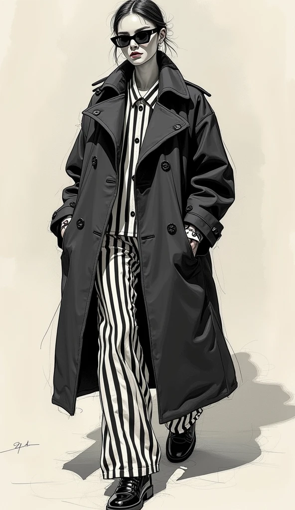 Fashion sketch, Paris Collection vibe, traces of Gucci Winter 2025 influence, oversized jackets, floor-length dresses, large collars, stripes, monotone, rough style, line-drawing aesthetics, Akemi's signature, dramatic lighting, ultra fine.
