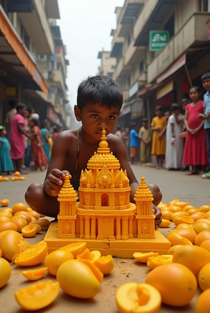 A poor boy making a big temple out of mango  on road, people are watching