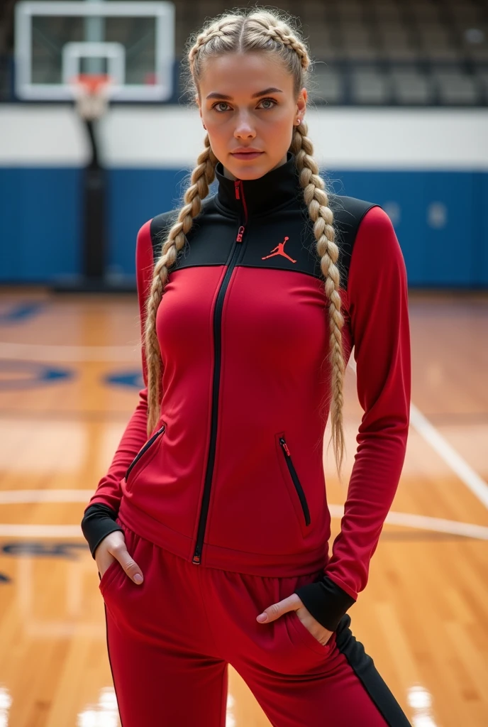 Create a realistic image of a 20 year old woman, Long blonde hair, Blue eyes, cheekbones, ((full body)) tied hair, braids, dressed in a red and black tracksuit set from the brand: (Jordan) , plays basketball, background image of a basketball court, head to toe, full body