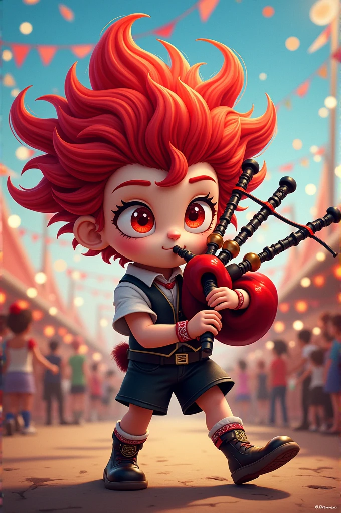 Personnage avec une cornemuses une tête rouge avec une clarinette des yeux rouges avec du blanc des jambes avec du noir est du blanc des clarinette en épaule des bars rouges des main un corps rouge clair noir est blanc