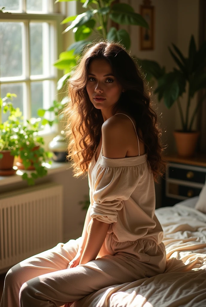 (photorealism:1.2), beautiful woman, sitting on bed, wearing loose off-shoulder top, pajama pants, long curly hair, indoors, soft lighting, plants in background, window with sunlight, cozy room, relaxed pose, realistic, intricate details, warm colors, by Greg Rutkowski, by Alphonse Mucha