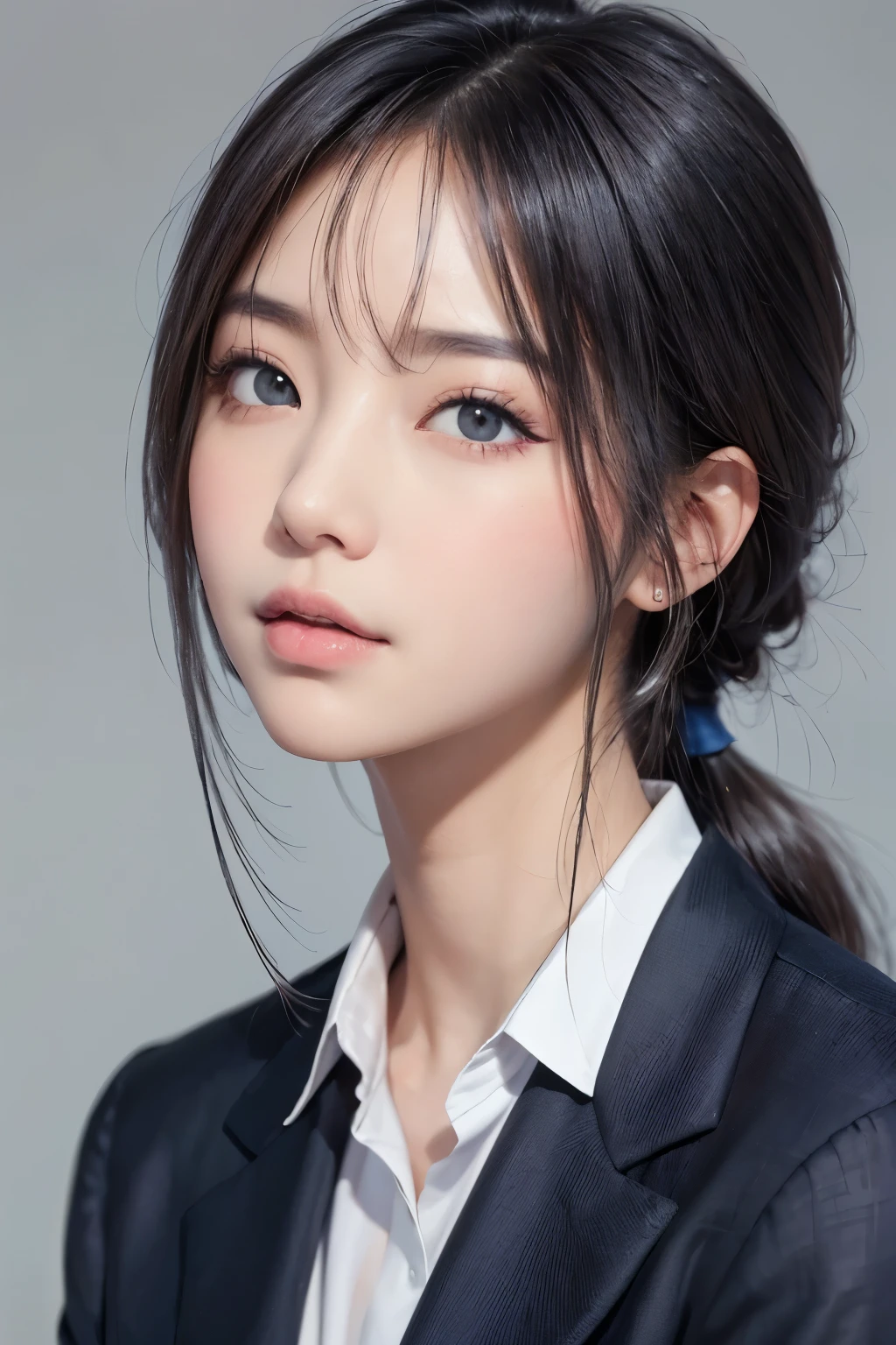 A woman with a ponytail wearing a suit and white shirt, korean girls, Korean facial features, 젊고 Lovely Korean face, beautiful korean women, round face, south east asian round face, beautiful aesthetic face, Popular Korean Makeup, Popular Korean Makeup, cute natural anime face, With a cute and lovely face, Lovely Korean face, Beautiful young Korean woman