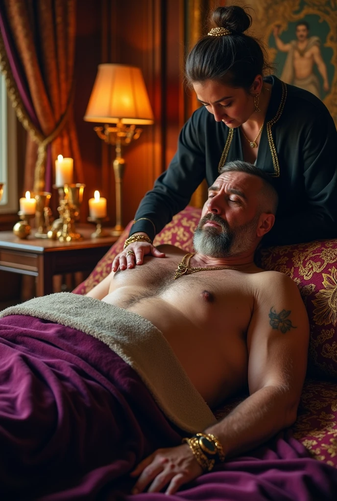 make an illustration of a 50-year-old king bare-chested, She is being massaged on her chest while lying on the bed.