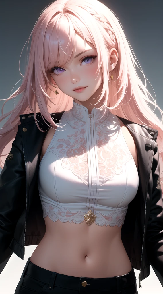 (masterpiece, best quality), intricate details, thin, ((slim)), beautiful girl, Light pink hair, white skin, light purple eyes, sharp jawline, cropped jacket, messy hair, lips, upper body, close up, smirk