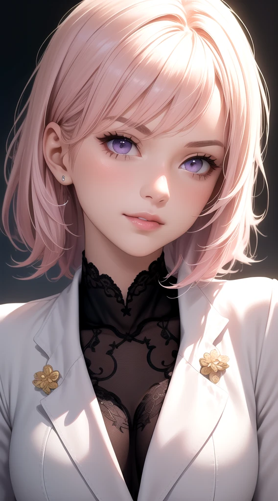(masterpiece, best quality), intricate details, thin, ((slim)), beautiful girl, Light pink hair, white skin, light purple eyes, sharp jawline, cropped jacket, messy hair, lips, upper body, close up, smirk