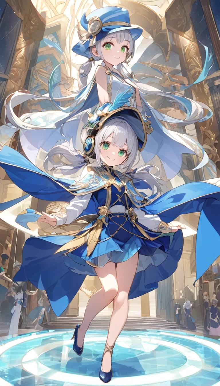 Silver Hair、Low twin tails reaching down to the knees、Green Eyes、smile、Department store hat、Futuristic headphones、Blue Cape、Inner blouse、Blue Skirt、pumps、Ribbon like a princess from the Dragon Palace on the back of the head