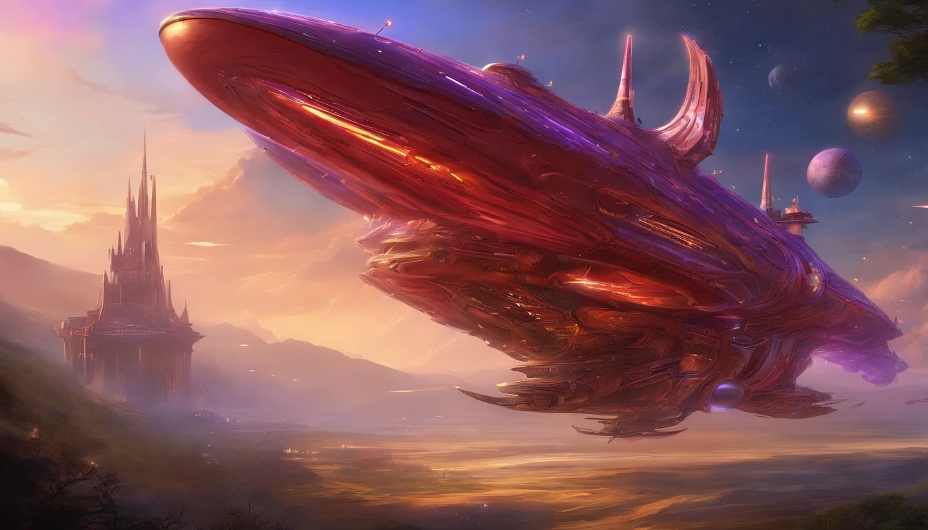 A starship Steampunk style,very intricate red details, aesthetic.The ship is adorned + purple royalistic ambiance, gears, levers, exact patterns, contrasting + its metallic gold body.Background has stars, ships, & gigantic Earth-type planet.750k UHD 4D. Styles of Larry Niven, & Miles Jeffries .Hyperrealistic.