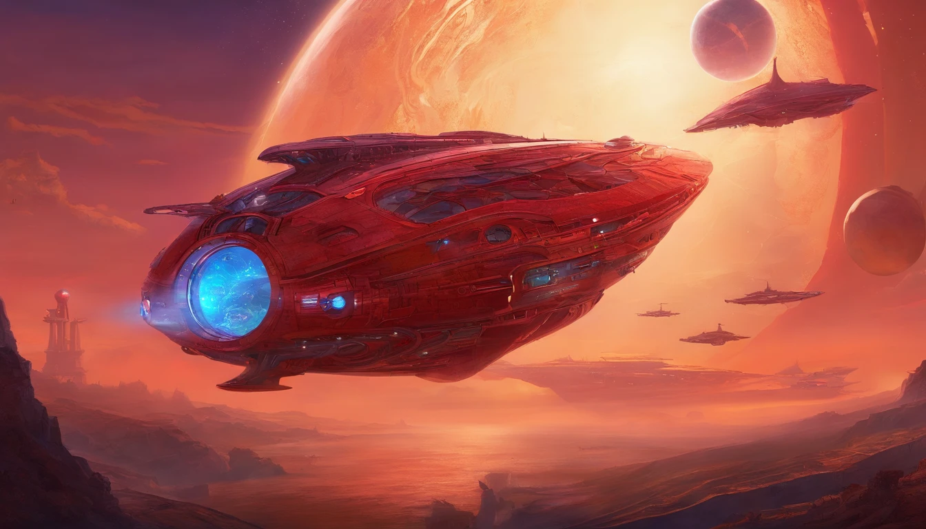 A starship Steampunk style,very intricate red details, aesthetic.The ship is adorned + purple royalistic ambiance, gears, levers, exact patterns, contrasting + its metallic gold body.Background has stars, ships, & gigantic Earth-type planet.750k UHD 4D. Styles of Larry Niven, & Miles Jeffries .Hyperrealistic.