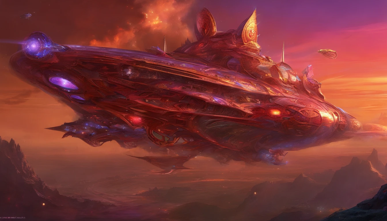 A starship Steampunk style,very intricate red details, aesthetic.The ship is adorned + purple royalistic ambiance, gears, levers, exact patterns, contrasting + its metallic gold body.Background has stars, ships, & gigantic Earth-type planet.750k UHD 4D. Styles of Larry Niven, & Miles Jeffries .Hyperrealistic.