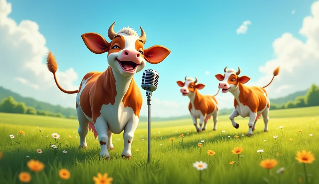 One cow is singing into the mic and the other 2 cows are dancing in the green field behind