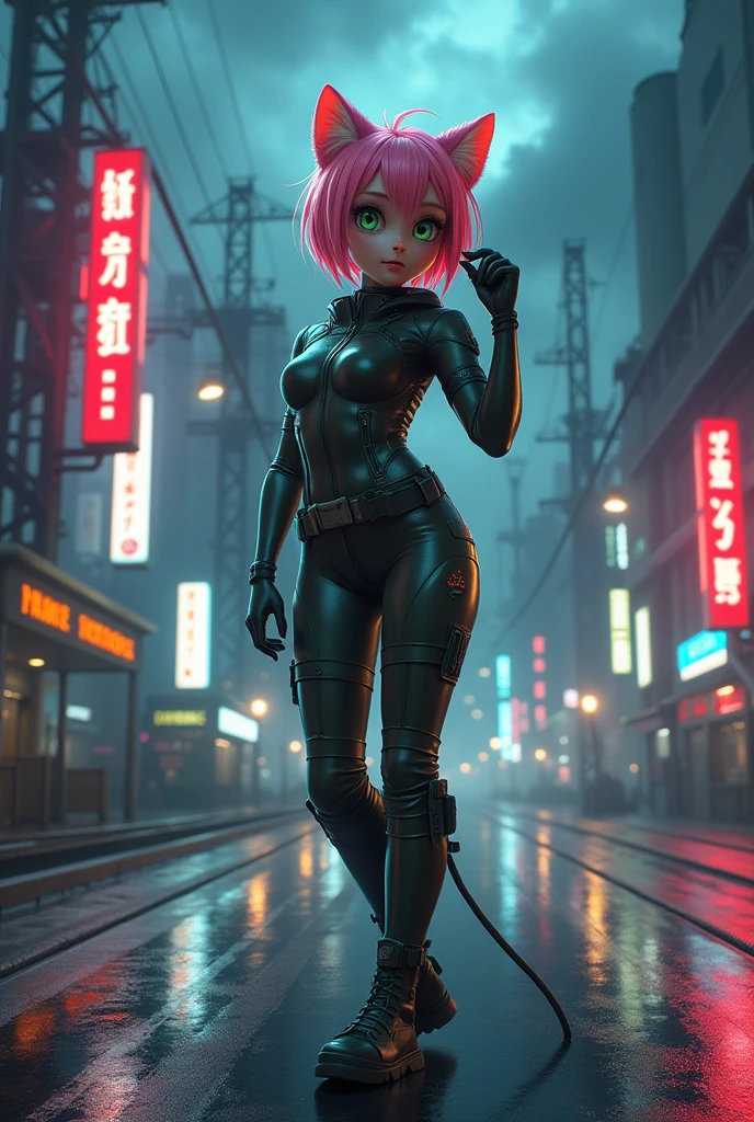 ((full body):1.5), {((Only one woman))}, is wearing {((blue police suit with black pants, extremely tight on body, police cap on head))}, {((she has very short pink hair, green eyes)), she has ((extremely giant breasts))}, she is looking at the viewer, {((looking at the viewer, smiling)), ((she is doing erotic poses)) }, {Background: (((apocalyptic city full of people of different ethnicities, it's night, raining hard)))}, ((Resident Evil)), 16k, high quality, high detail, UHD