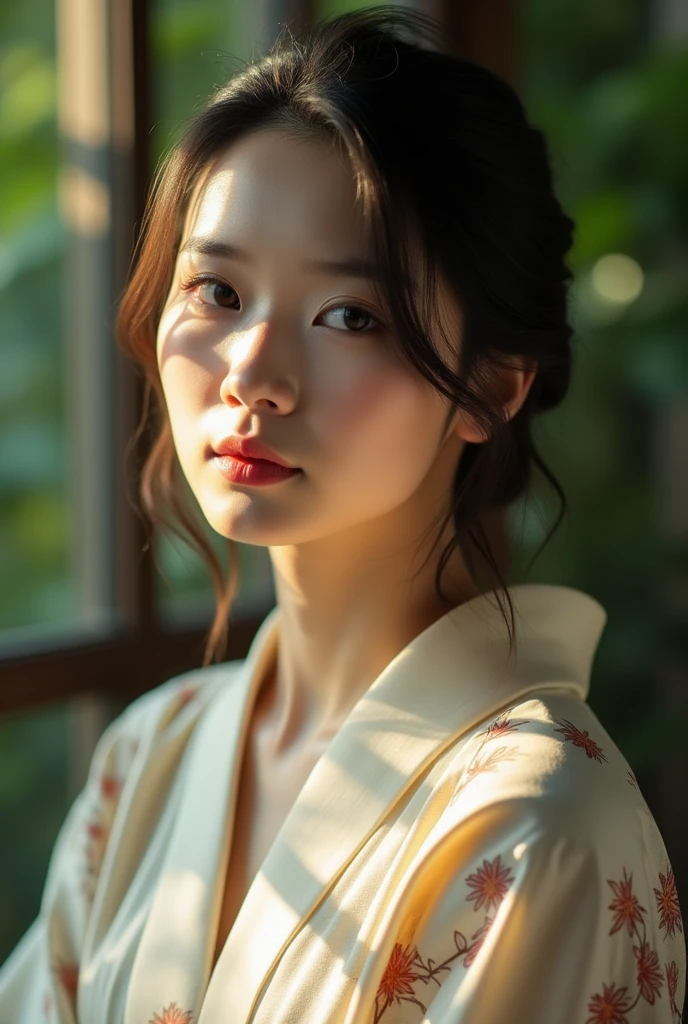An elegantly dressed Japanese woman in natural light、A close-up of her chest and calm expression.、It shows her inner peace and outer charm.。