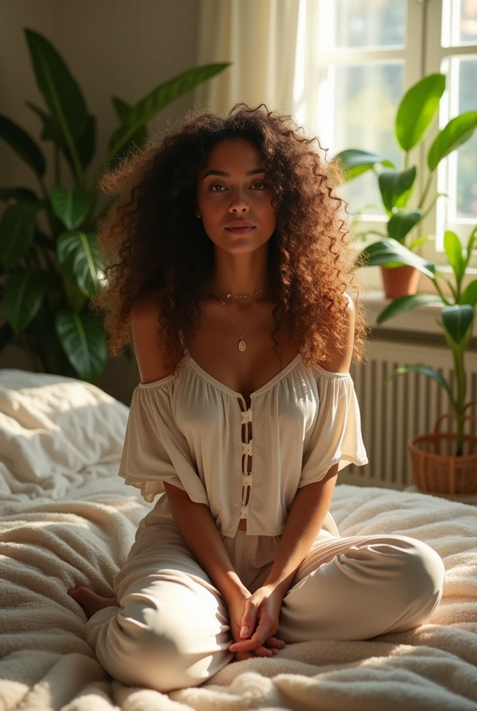 (photorealism:1.2), beautiful woman, sitting on bed, wearing loose off-shoulder top, pajama pants, long curly hair, indoors, soft lighting, plants in background, window with sunlight, cozy room, relaxed pose, realistic, intricate details, warm colors, by Greg Rutkowski, by Alphonse Mucha
