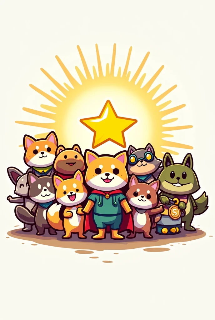 A group of 11 cute cartoon animal characters, each representing a popular meme coin, gathered together in superhero poses. In the center, a large glowing $STARS logo. Characters include a Shiba Inu dog, a frog, a cat, and other meme-inspired animals. Colorful, playful art style with a slight retro video game feel. White background with subtle crypto-themed patterns.