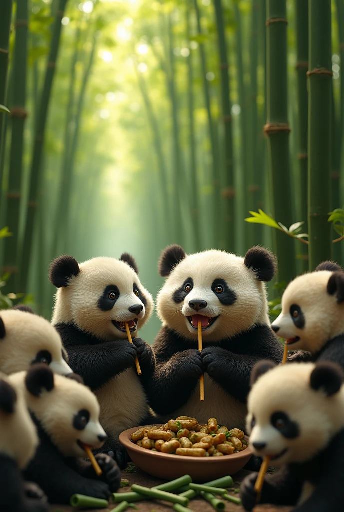 photorealistic of a{bunch of panda in bamboo forest having bamboo fiesta and grilled}in a stunning pose, intricate detailed, best quality as you can accomplish, skin pores, hyperrealistic, view from above, sky angle shot