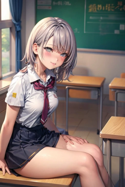 (high resolution),(high resolution),(High definition),(8K), 1girl, squatting, School_uniform_Purple_shirt_Blue_skirt_White_neckerchief_Black_thighhighs、In the high school classroom, lying floor, spread legs, shirts lift, show breasts, smile, open wide legs, grey hair, blue eyes, short haircut, punk rock girl, ultle miniskirt, red_eyeshadows