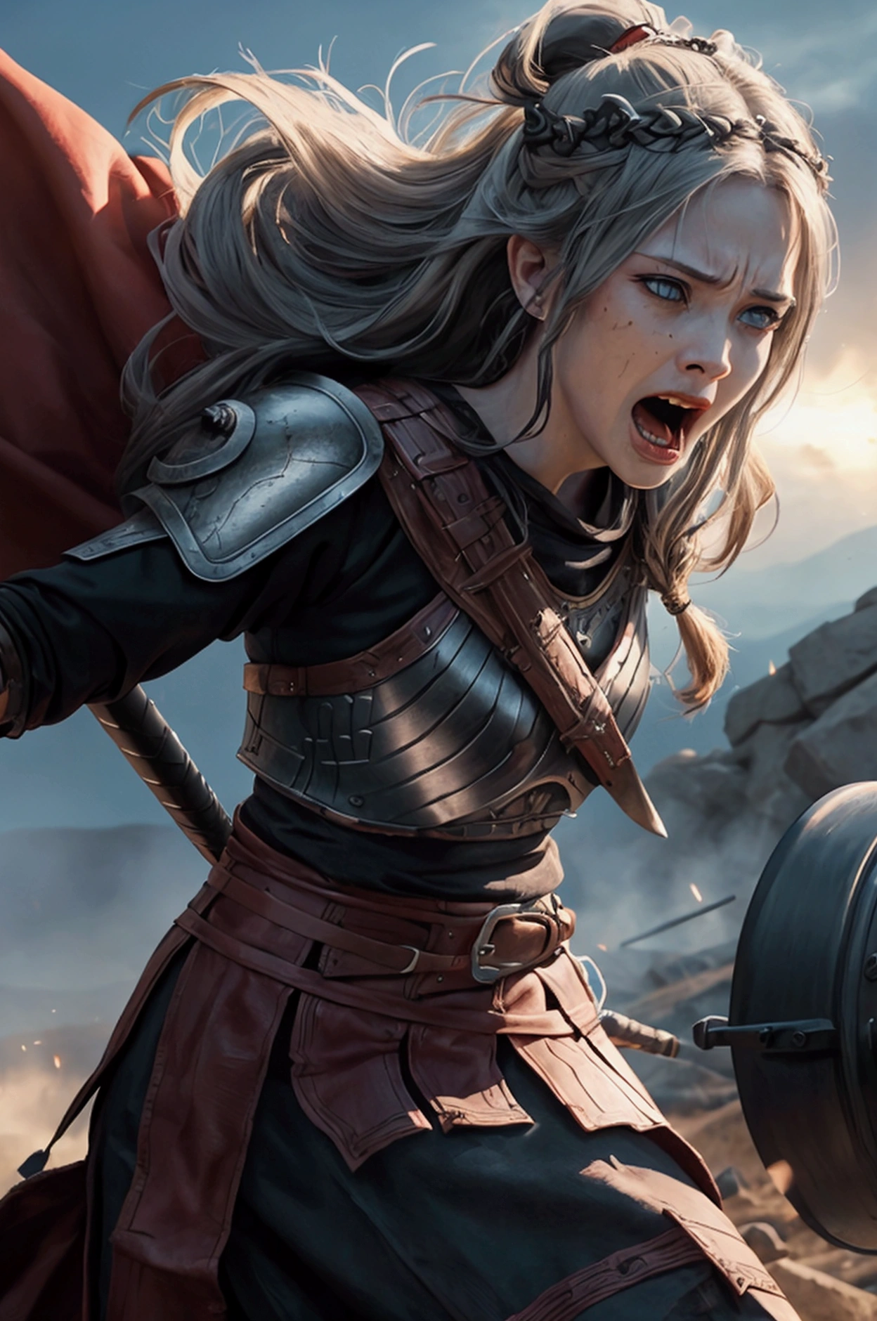 viking warrior woman screaming, in battle, close up, cinematic, looking at camera, realistic photo, nikon d850, 85mm lens –q 2 –s 750