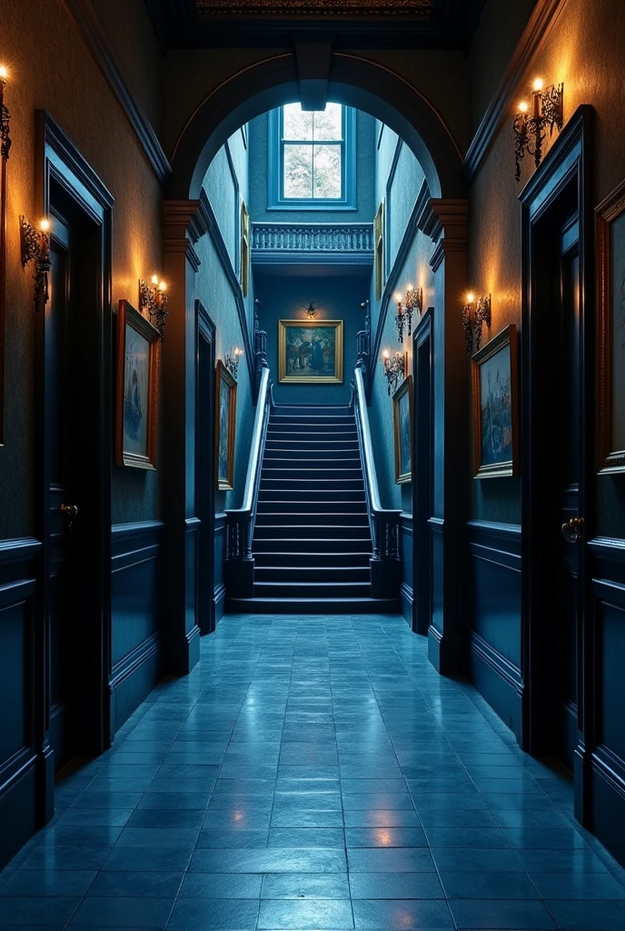 An empty hallway stood before me. This one, unlike the dark, poorly maintained paths I’d come from, looked like it belonged in this castle. Indigo blue tile floors. Black doors. Silver knobs. Hiaj art framed in gilded presentations on the walls. Eight doors lay ahead of me, four on each side, and then a stairwell that led up, cradled by swooping silver rails.