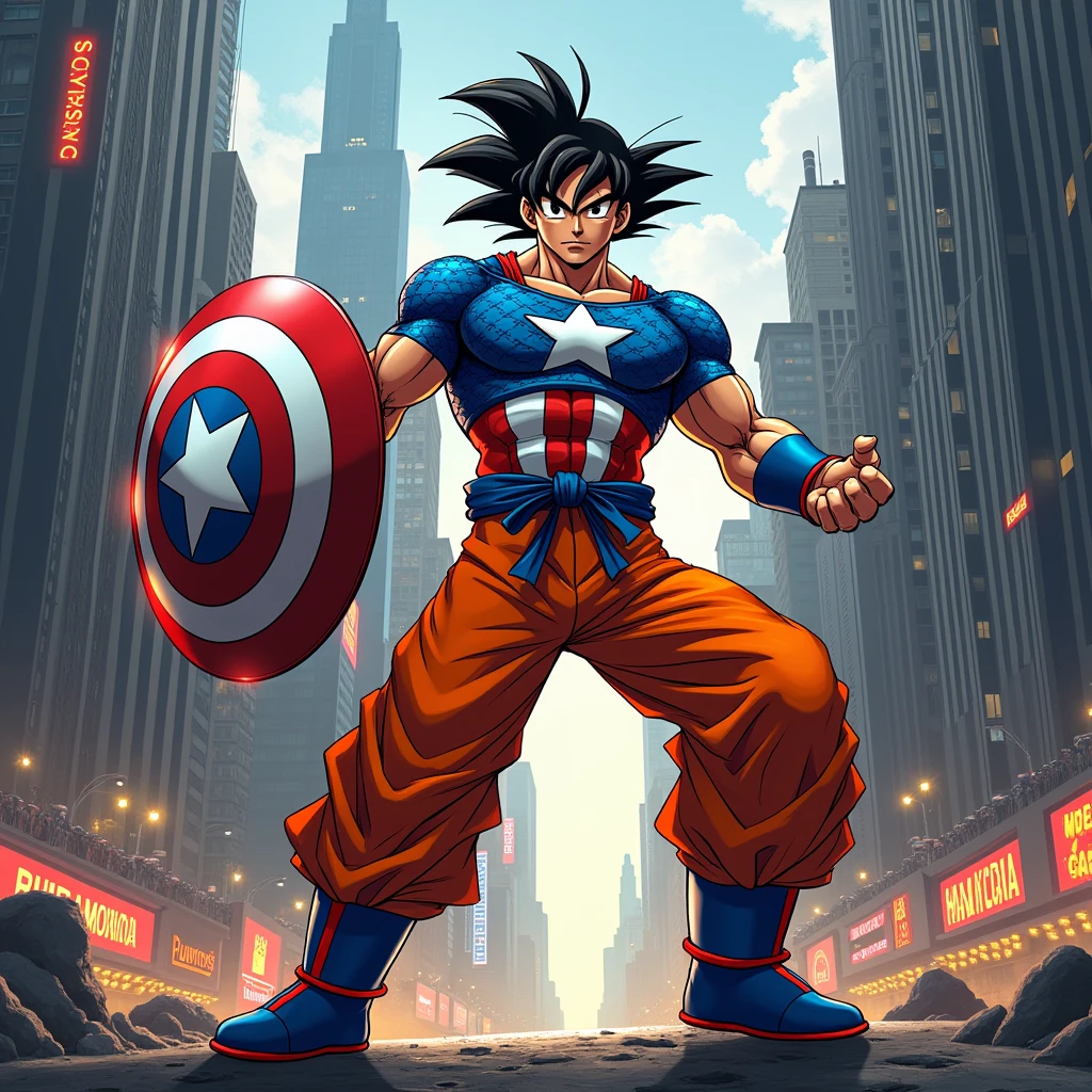 Son Goku from Dragon Ball Z reimagined as Captain America, comic book style, vibrant colors, dynamic pose, shield in hand, superhero costume, urban city background, dramatic lighting effects, iconic poses, highly detailed, energetic composition --s 150 --ar 2:3 --c 5