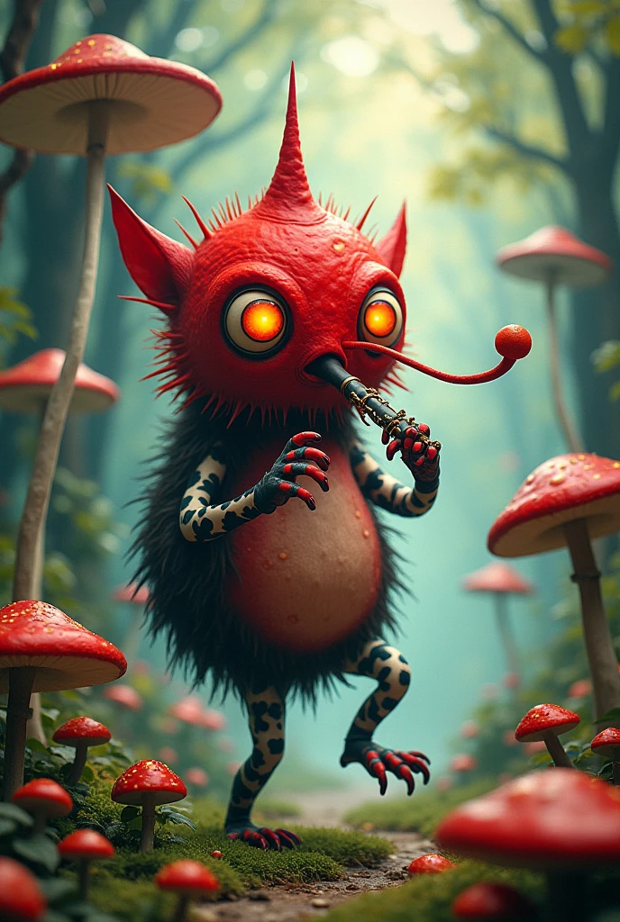 Personnage avec une cornemuses une tête rouge avec une clarinette en nez des yeux rouges avec du blanc des jambes avec du noir est du blanc des clarinette en épaule des bars rouges des main un corps rouge clair noir est blanc est que s'est un monstre