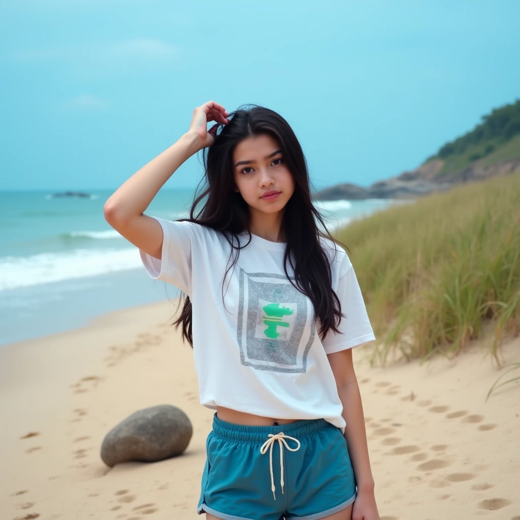 The image shows a young woman standing on a sandy beach with the ocean in the background. She is wearing a white t-shirt with a graphic design on it and blue shorts with a drawstring waistband. She has long dark hair and is posing with one hand on her hip and the other resting on her head. The woman is looking directly at the camera with a serious expression on her face. The sky is blue and the ocean is visible in the distance, with the waves crashing onto the shore. The beach is surrounded by tall grasses and there is a large rock in the foreground. The overall mood of the image is peaceful and serene.