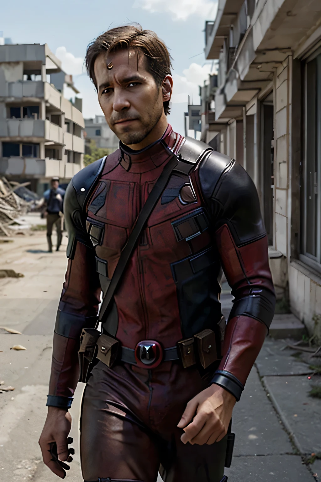 realistic photo of man wearing of deadpool suit, unmasked, short hair, showing face, tired face, walking to wards viewer, ruins building background, minor cuts, worn suit