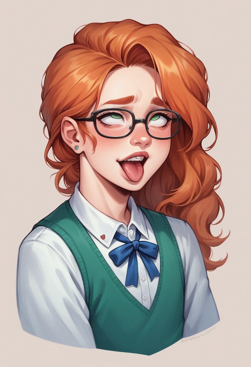  a femboy with long ginger hair and a slutty schoolgirl uniform with dental braces and glasses, ahegao pose, artgerm and atey ghailan, beautiful digital artwork, adorable digital painting, cute detailed digital art, beautiful character, beautiful digital illustration, stylized anime