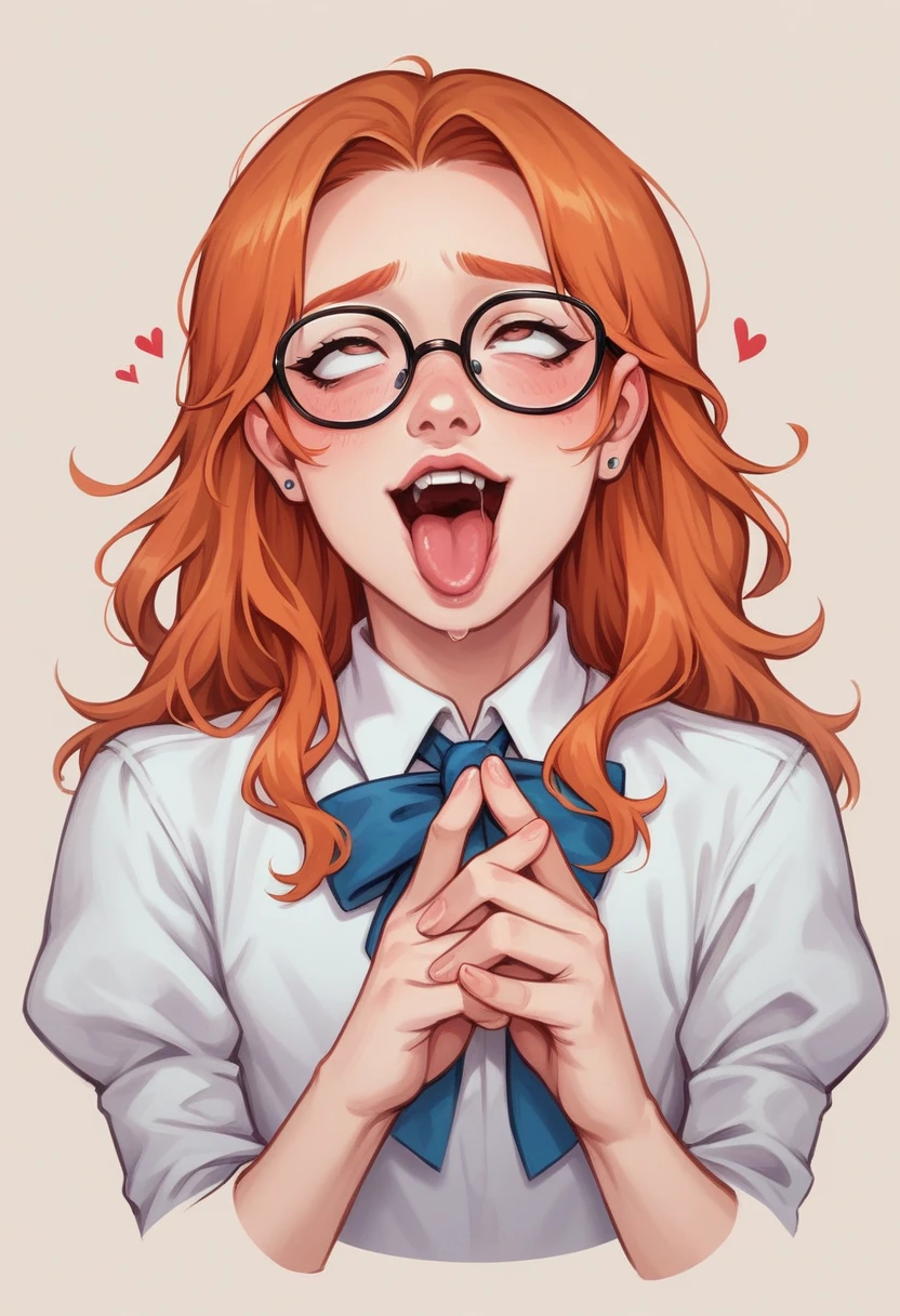 score_9, score_8_up, score_7_up, score_6_up, soruce_anime, 1 red haired woman (pale white skin, freckles on face and body, forehead, round glasses, blue eyes, dark red lipstick, eyeshadows, make up, eyeliner, almond eyes, white unbuttoned shirt, shocked, blushing, cum, covered in cum, cum on face, cum on breasts, cumshot, bukkake)