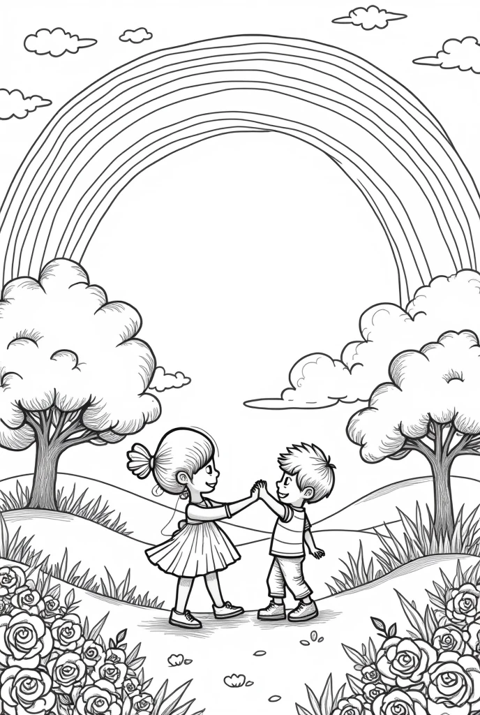 black and white coloring page that has trees and roses, sky, clouds, rainbow, A girl and a boy shaking hands
