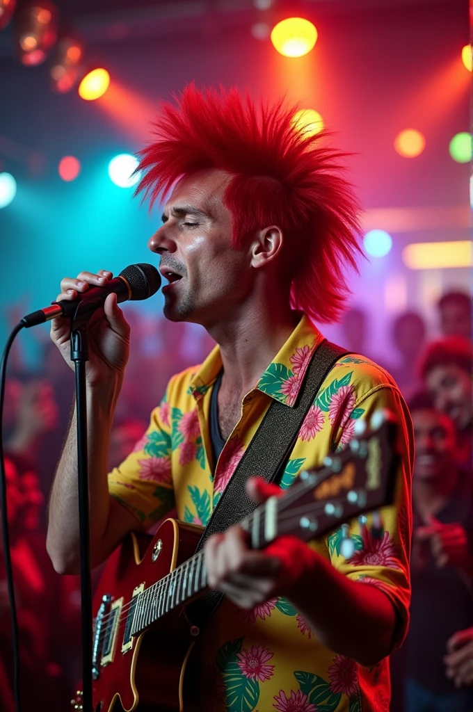 Create a picture of a singer named stanley bauer. He wears a red mullet and a floral shirt. He is ugly and has acne