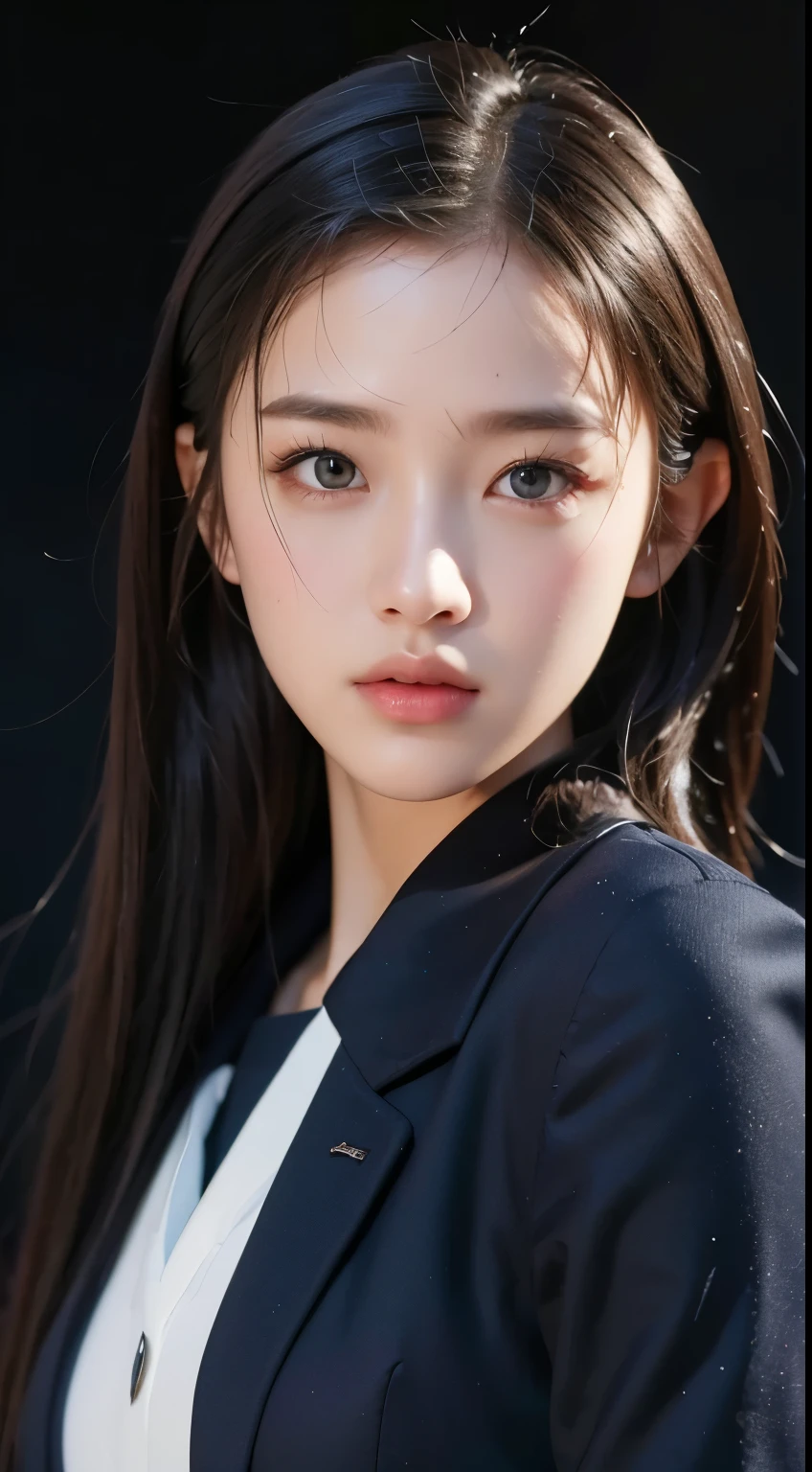 surreal,8k,ultra high deFinition,High school girls ,cool,Navy uniForm,graduate,black background,realistic skin texture,Film lighting、ray tracing,canon、F/2.8、16,000、high resolution,accurate,blur