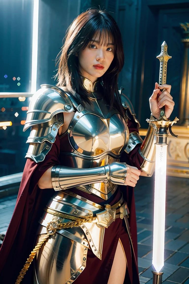 (masterpiece, best quality), A paladin holding a light infused sword, light magic, divine, magewave, silver and gold, 4k, dark cityscape, Fujifilm