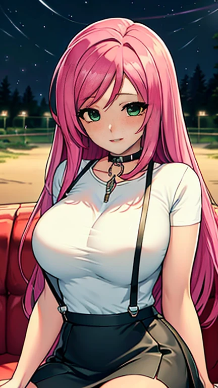 Masterpiece, raw, beautiful art, professional artist, 8k, art style by sciamano240, very detailed face, very detailed hair, 1 girl , perfectly drawn body, beautiful face, long pink hair , very detailed green eyes , rosey cheeks, intricate details in eyes , happy expression, lipstick, very close up on face, night time, sitting inside a sport cars, sitting in driver seat, wearing white t shirt top, black suspenders, leather pencil skirt, joyful smile,
