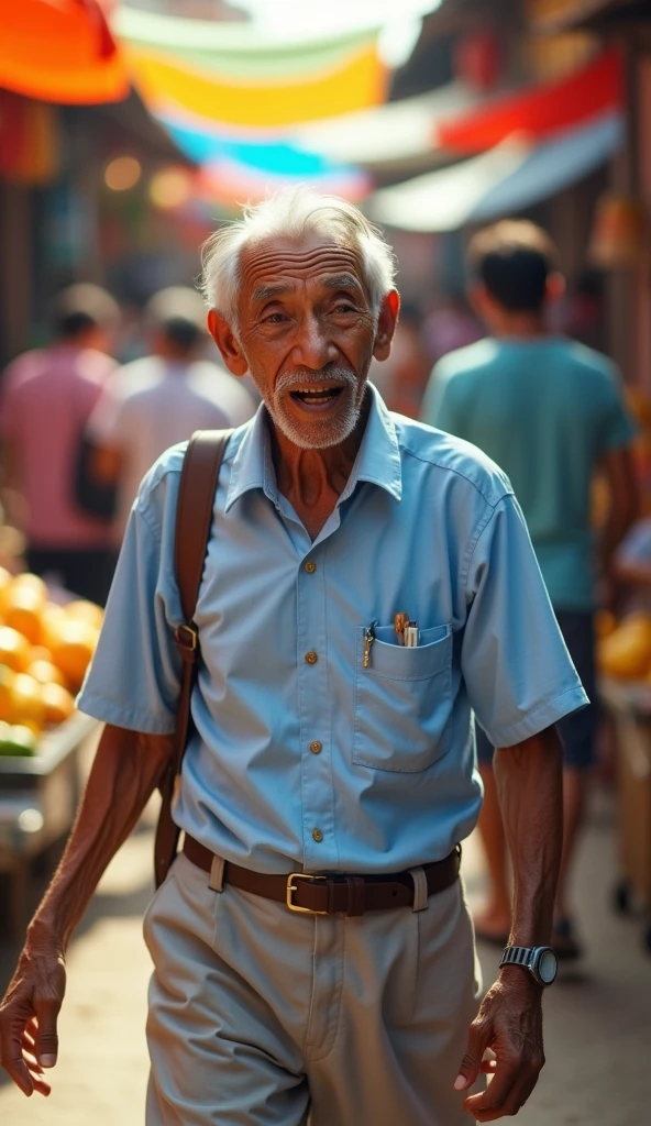 Mr. Tu is an old man over 60 years old., skinny, dark skin, short neat silver hair. He wore a light blue short-sleeved shirt., light gray khaki pants, brown rubber sandals. His face was full of wrinkles but gentle and cheerful..The Shoe Lost In A Hurry, Mr. Tu lost a shoe.