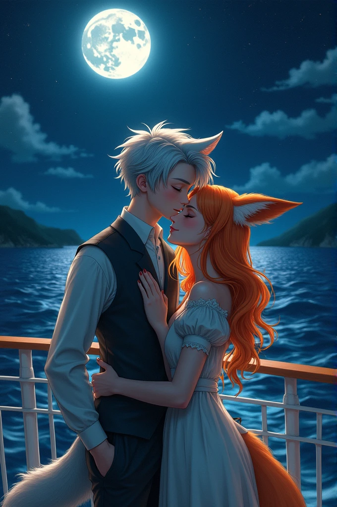 A young man with silver hair and wolf ears and tail, and a woman with orange long hair and fox ears and tail, are smiling at the full moon on the deck of a passenger ship, their arms around each other.