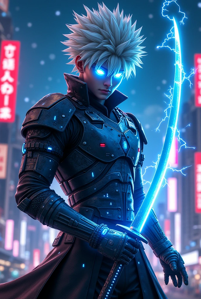 killua Zoldyck  as a samurai, digital art, futuristic cyberpunk style, holding a lightning katana, blue electric energy, high-tech armor, glowing visor, dynamic pose, by cybersamuraiart.