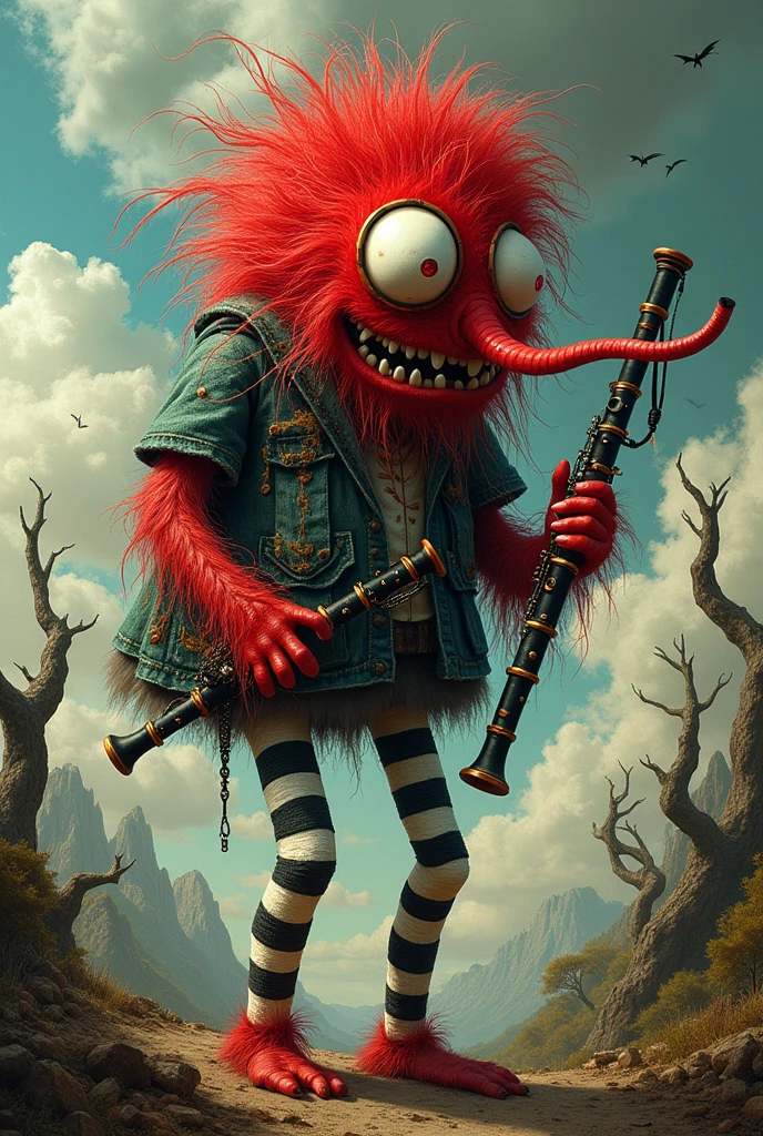 Personnage avec une cornemuses une tête rouge avec une clarinette en nez des yeux rouges avec du blanc des jambes avec du noir est du blanc des clarinette en épaule des bars rouges des main un corps rouge clair noir est blanc est que s'est un monstre 