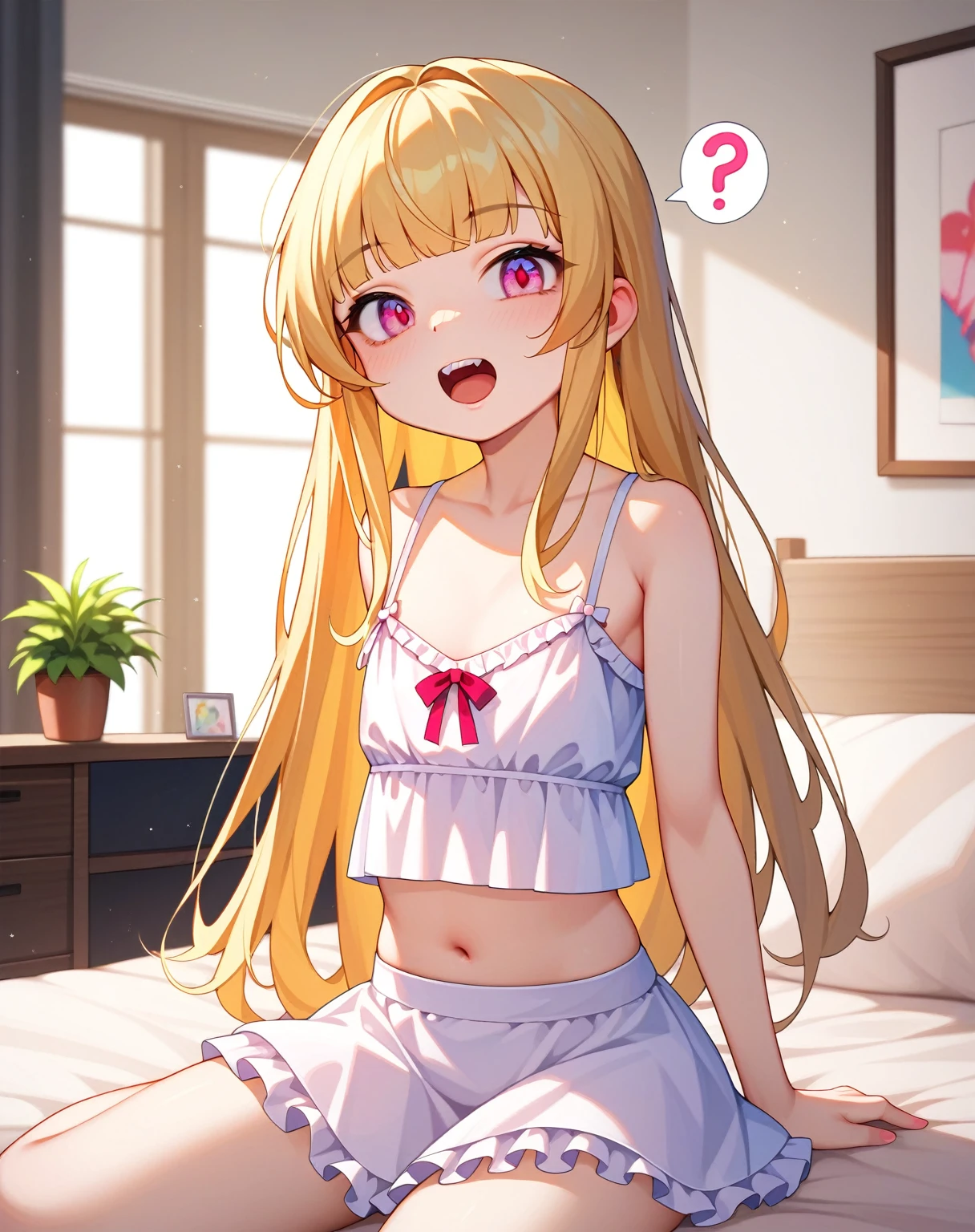 score_9,score_8_superior,score_7_superior,score_6_superior,score_5_superior,score_4_superior 、8k,Highly rated on Pixiv, Very naughty,Familiar attitude、Young girl in Japan,The face of anime heroines in the late 1990s、Open your mouth、Double teeth、Question mark over my head、Flat Chest、Golden hair color、Long Hair、Pink eyes、Heavy bangs、Frilled Skirt、Strapped camisole、Breast flash、In the living room、evening、cute designed lingerie、Flip up the skirt、superiorから、Face close-up