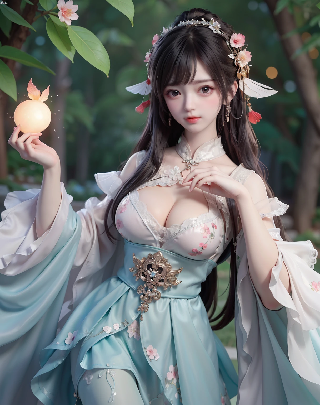 (8k, RAW photo:1.2), best quality, ultra high res,dramatic angle,(fluttered detailed color splashs), (illustration),(((1 girl))),(long hair),(rain:0.9), (Headdress:1.4),There is an ancient palace beside the girl,Hanfu,(Key Points),Color ink painting,(Splash of Color),Splash of Color,(((colorful))),(sketch:0.8) , Masterpiece, best quality, beautiful painted, highly detailed,(denoising:0.6),[splash ink],((ink refraction)), (beautiful detailed sky),moon,highly,detaild,(masterpiece, best quality, extremely detailed） CG Unity 8k Wallpaper，masterpiece，best quality，Ultra Detailed），（Lycoris）. hanfu open v open V-chested clothes Thin silk lace dress , (huge ，cleavage),, white pink and gren，best qualtiy，tmasterpiece，Ultra-high resolution，（Reality：1.4），RAW photogr，（True skin texture：1.3），（filmgrain：1.3），（Selfie angle），1个Giant Breast Girl，Beautiful eye and face details，tmasterpiece，Best quality at best，，The chest more exposed， detailed brapurple and green , detail 8k, upper body, lace petticoat. bottom position looking up, sexually provocative