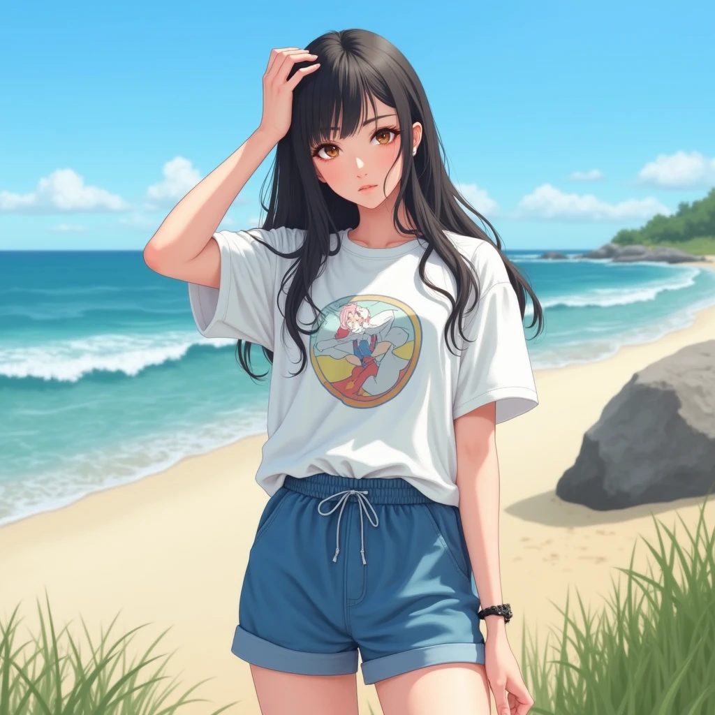 The image shows a young woman standing on a sandy beach with the ocean in the background. She is wearing a white t-shirt with a graphic design on it and blue shorts with a drawstring waistband. She has long dark hair and is posing with one hand on her hip and the other resting on her head. The woman is looking directly at the camera with a serious expression on her face. The sky is blue and the ocean is visible in the distance, with the waves crashing onto the shore. The beach is surrounded by tall grasses and there is a large rock in the foreground. The overall mood of the image is peaceful and serene.(((One person,One personで))),(Highly realistic photos, High resolution, Detailed face, Beautiful Eyes) Korean Idol, 18-year-old, Cute Face, Nice body,