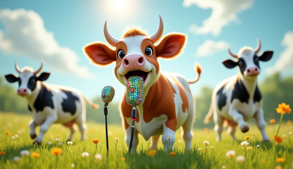 One polish cow is singing into the mic and the other 2 black & white cows are dancing in the green field behind