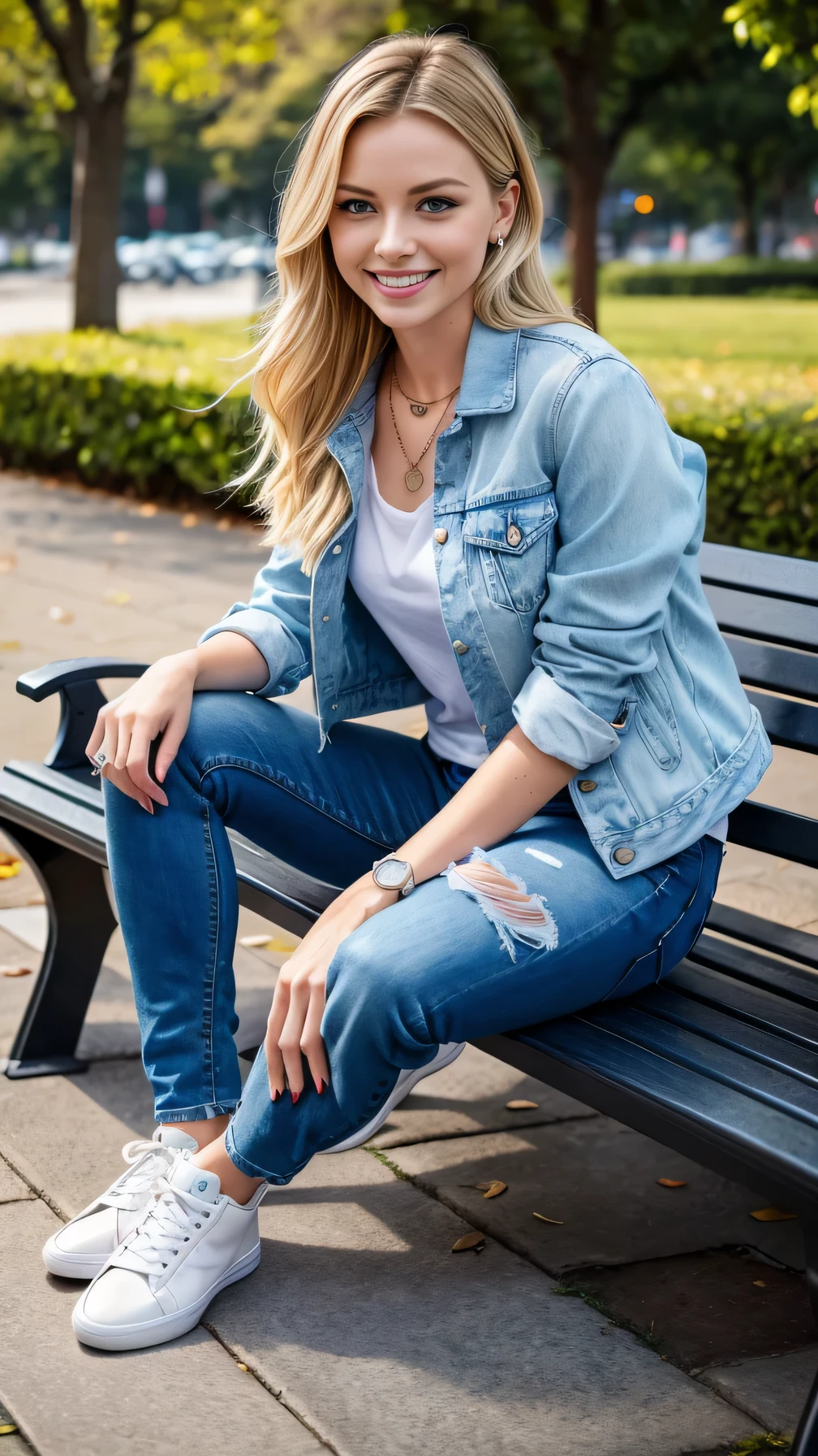 Super Resolution、Neat and clean Caucasian woman、Full body photo、sitting on a park bench、ear piercing、Blonde、blue eyes、necklace、Denim jacket、shirt、Skinny jeans、sneakers、smile、Beautiful teeth alignment