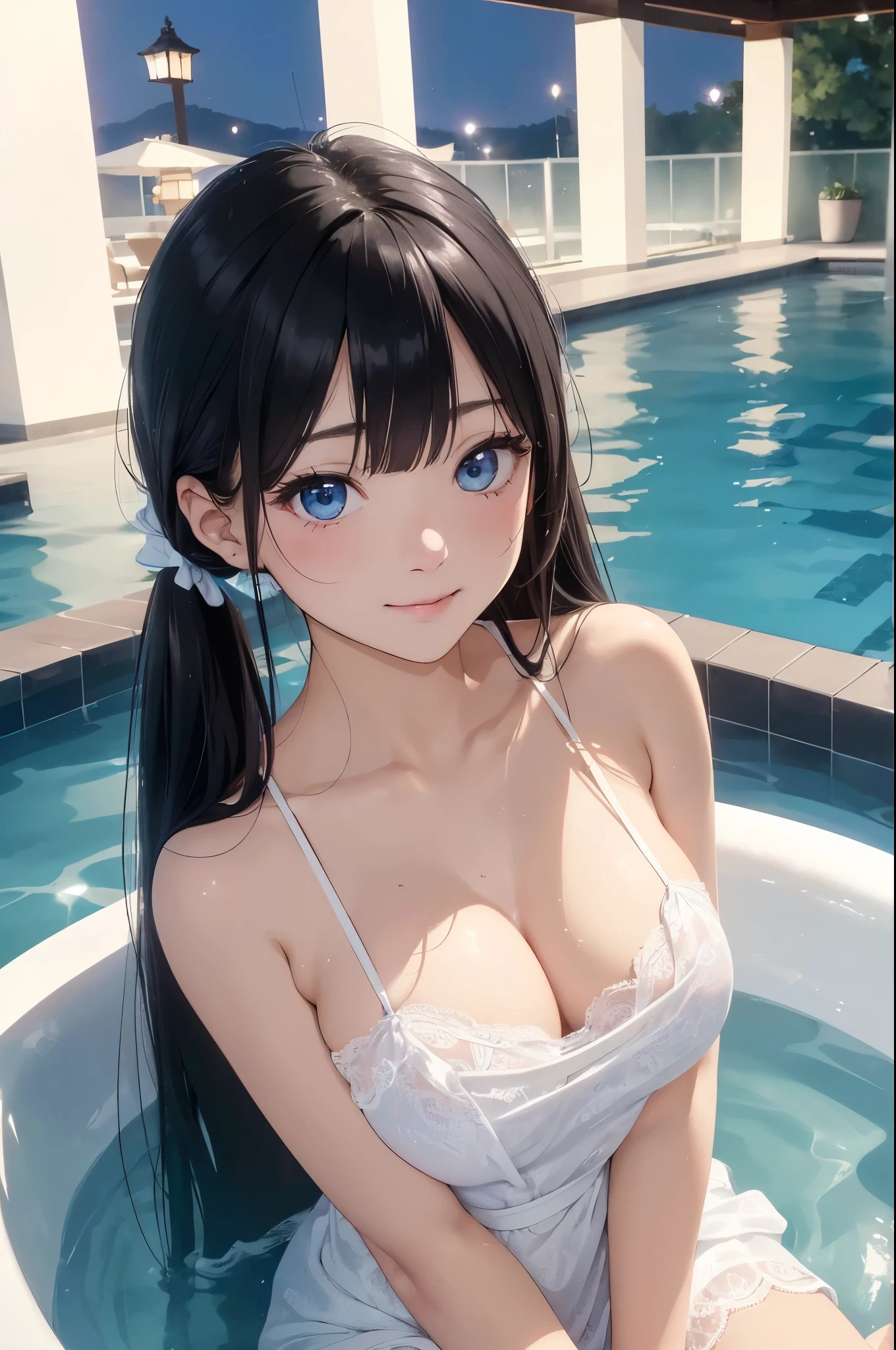 ((masterpiece)), ((highest quality、Ultra high definition)), (Very detailed),((8k、Photo quality))、((Amazingly cute girl))、(-yeld gi)、Two people, , (Beautiful emerald blue eyes), ((smile)),((A luxurious Japanese-style open-air bath at a high-class hotel)), Beautifully arranged black hair in twin tails、Slim Body、(Cute little breasts)、((They are wearing a white bath towel wrapped around their body.))、Professional Lighting、(White lace knee-highore detailed and beautiful)、(More details and cutenesore realistic)、((Just wear light clothing))、Frolic in the pool、(Too cute)、(The embodiment of cuteness)、(Godly cuteness)、((Night view))、((It seems visible but it&#39;s not))、