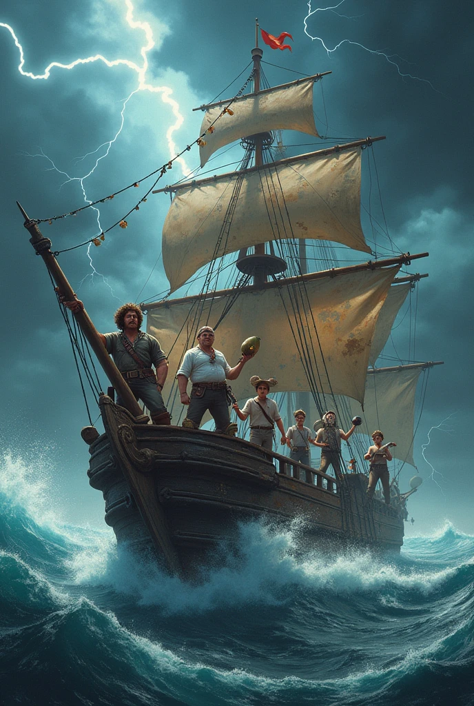 A big pirate boat, has 5 people on it, 1 male wearing veterans dress, has gun, curly hair and strong, one male wearing chef dress, looks like chubby, one male wearing t-shirts , looks like thin and sporty, one male got many moustache and has a big gourd on his back, one beautiful long hair girl wearing nurse dress and has a big eyes, one male wearing scientist dress and has a long messy hair while holding a element crystals, the weather is bad and has many elements around