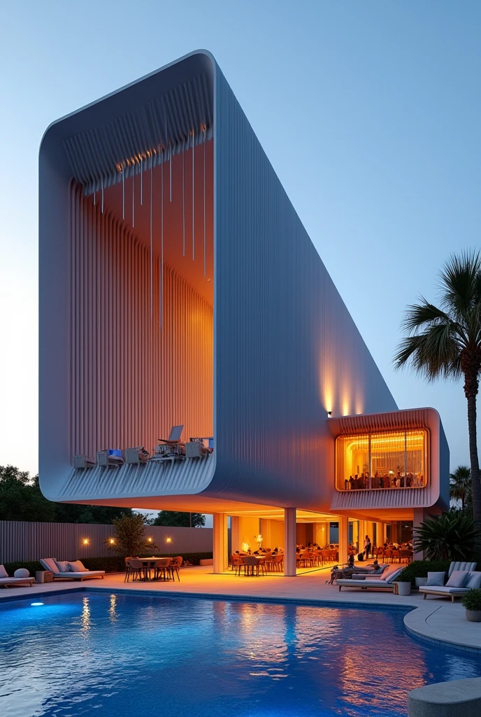 A rectangular club building with dimensions of 40 meters in width, 30 meters in length, and 15 meters in height. Modern style. Windowless building. The exterior of the club has no windows and features smooth curves using vertical louvers. Overhead door. stage and DJ box. Connected to a pool party area. Realistic and intricate details. Bright and vibrant atmosphere. On the left side, there is an annex building, approximately 6 meters in height, 30 meters in length, and 6 meters in width, connected to the club building.