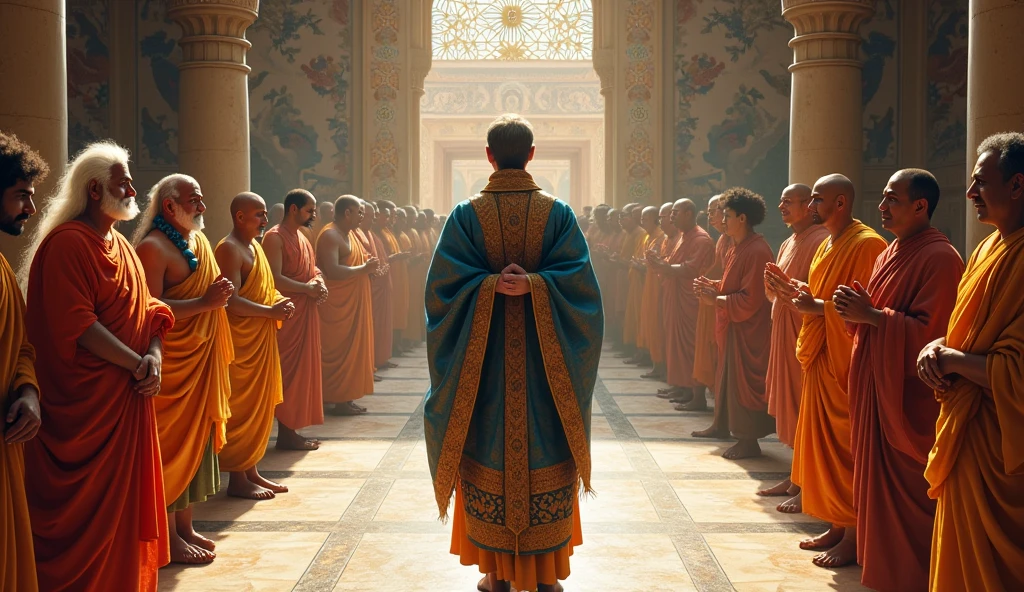 Samudragupta offering his respects to different religious leaders, symbolizing his policy of religious tolerance."