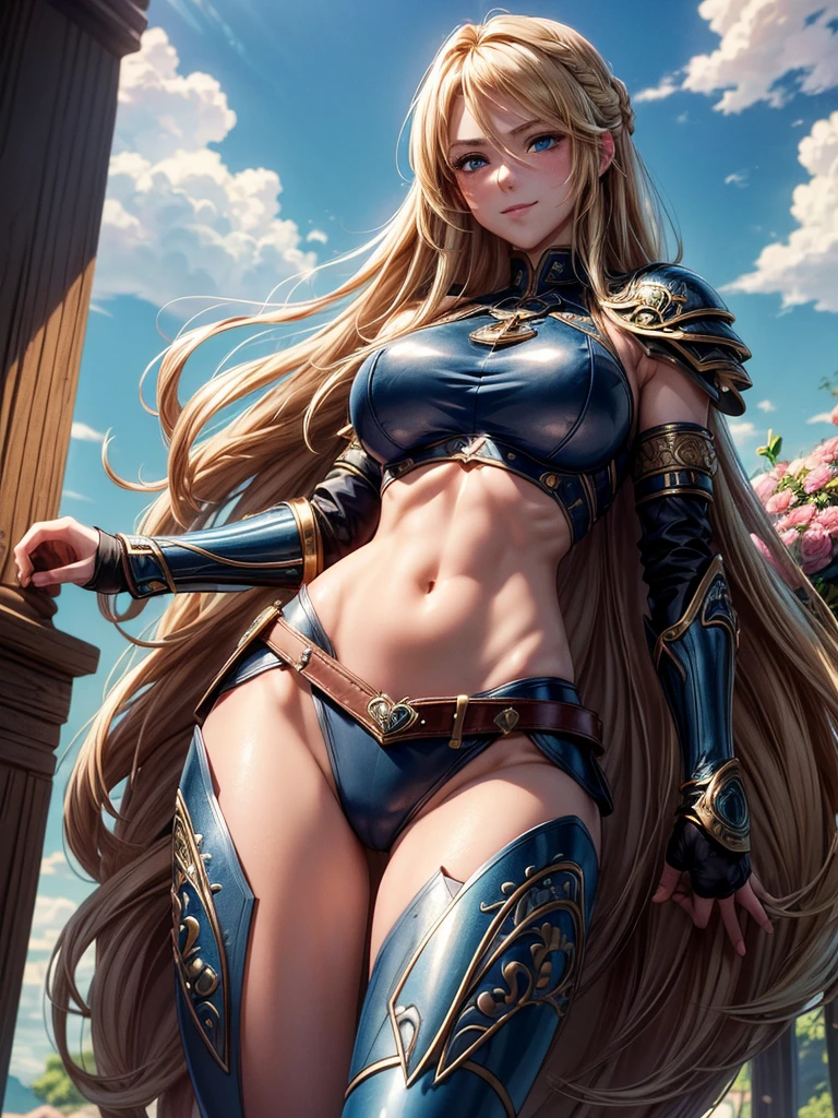 (8k, raw photo, Best Quality, maestro:1.2), (anime photo-anime:1.37), ultra detailed, 1 girl, Beautiful, Alone, Gorgeous detailed blue sky with fluffy clouds, (blush), (whole body: 1.1), (smile: 1.1), (shut up), big breasts, Beautiful and delicate blue eyes, (Tight blue metal armor with intricate engravings of leaves and flowers : 1.1), Golden metal pieces covering her shoulders and arms, Dark brown leather belt with metal buckles, tight leather pants, Brown leather boots, A cross adorns her chest, (long blonde hair: 1.2), flowing hair, high contrast, Proporciones de whole body, (astride, stretch the legs, thin legs), Chest closeup, full color