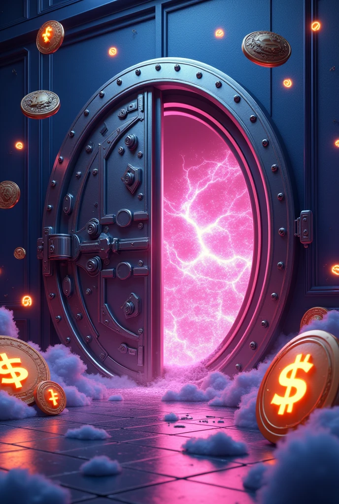 A massive, shiny metal vault door slowly opening. From inside, various cryptocurrency symbols and meme coin logos are floating out, emitting a magical glow. In the foreground, large $STARS tokens hover, sparkling. The vault is set against a futuristic background with subtle blockchain patterns. Digital art style with a mix of 3D rendering and 2D elements.