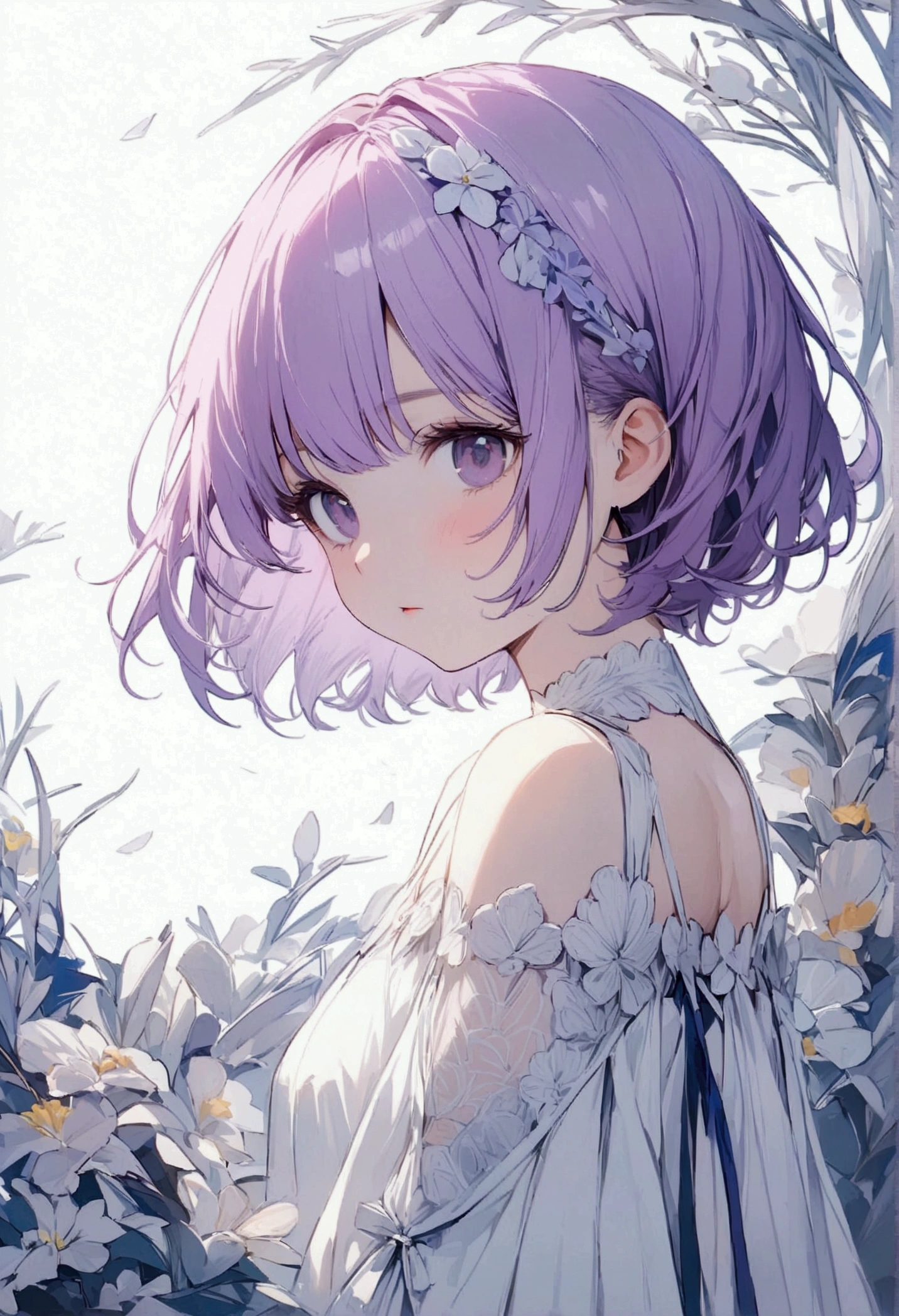 purple hair short-cut girl with White Dress, Plain background, An ultra-high picture quality, 8k