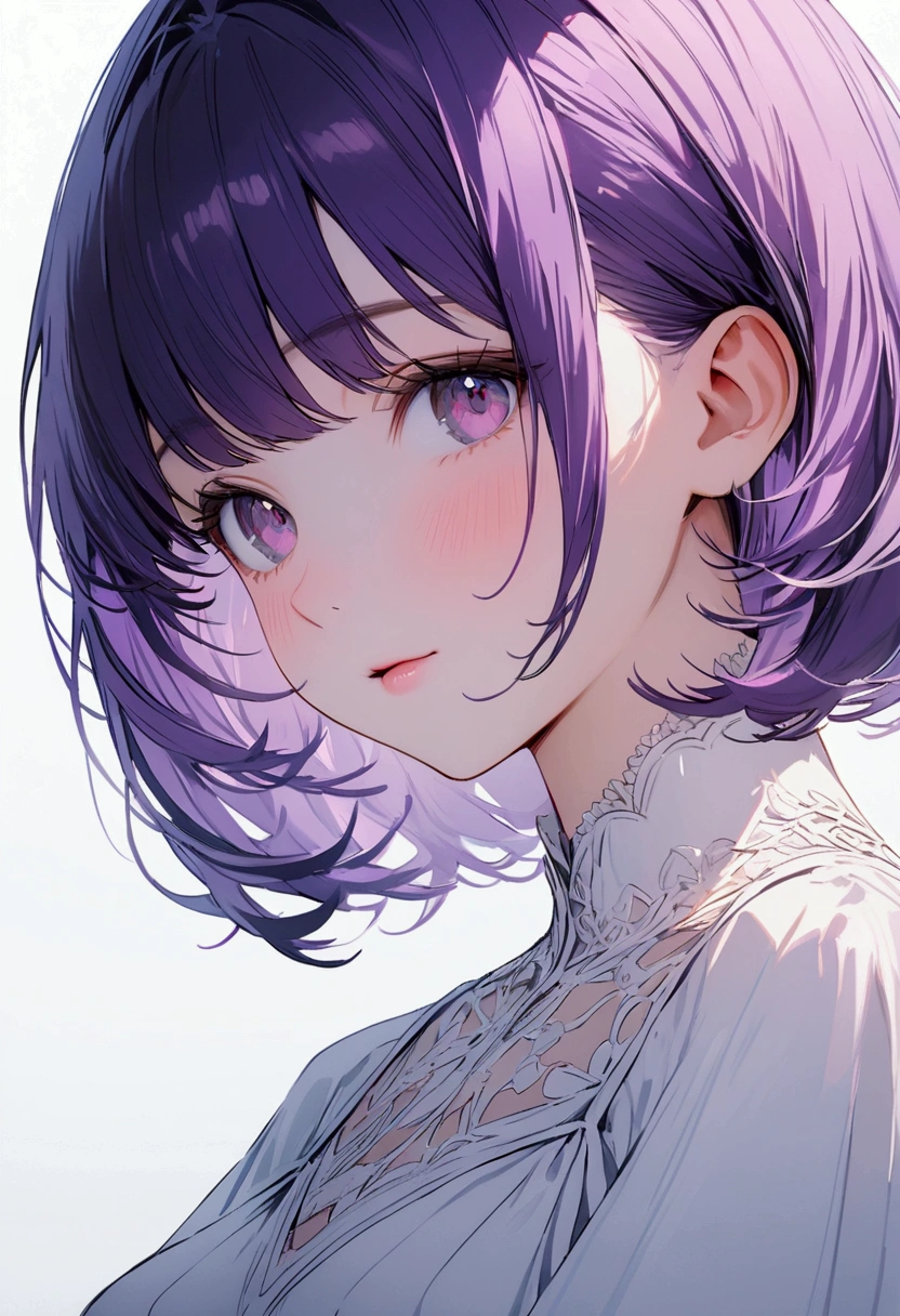 purple hair short-cut girl with White Dress, Plain background, An ultra-high picture quality, 8k